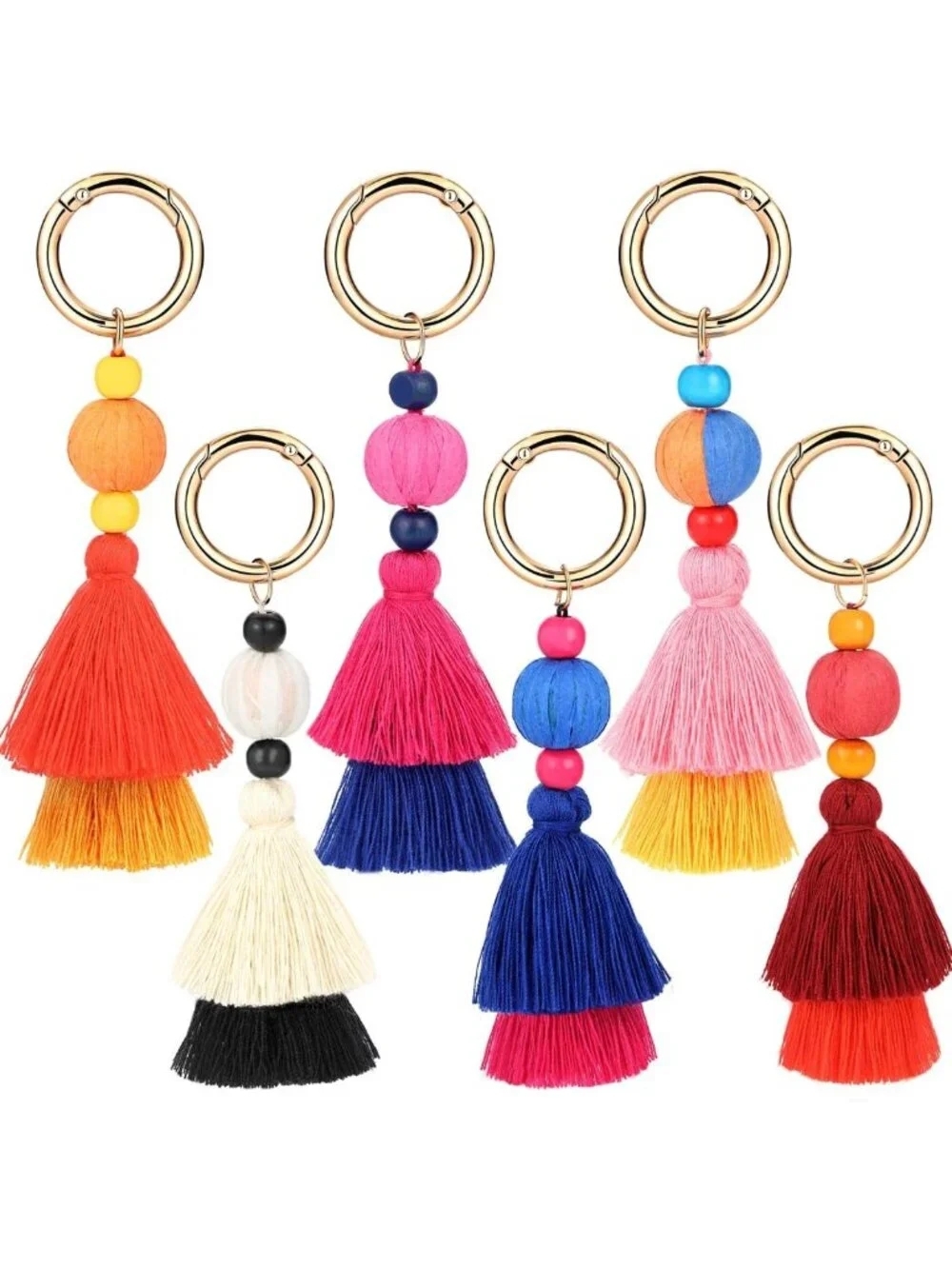 Handmade Bohemian Tassel Keychain Set - 6 Colorful Bag Charms & Pendant Rings